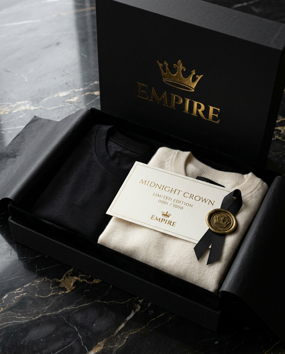 Midnight Crown numbered gift box and certificate card — debossed gold crown